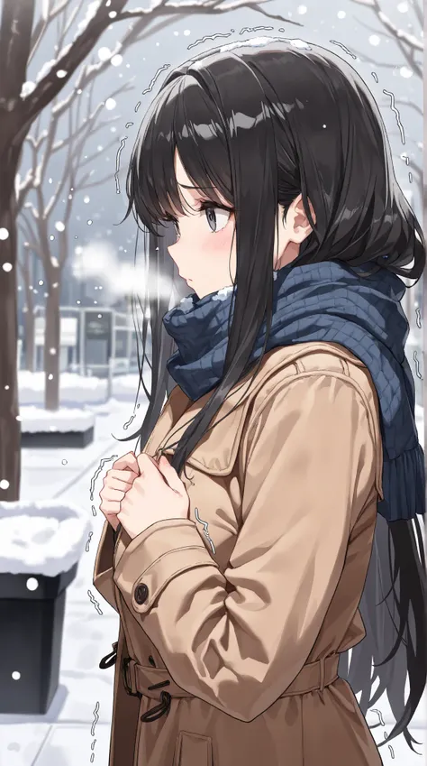 (best quality,4k,8k,highres,masterpiece:1.2),ultra-detailed,1 girl,upper body,long black hair,Brown coat, She looks cold. trembling,winter,snowing,