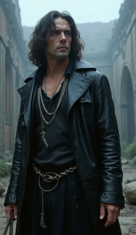 Screenshot from the 1950 film Super Panavision 70. Retro color.  Introducing Sirius Black as a rogue wizard. Sirius wears a torn black leather jacket over a tight-fitting dark tunic, with silver chains hanging from his chest. His wand is cracked but powerf...