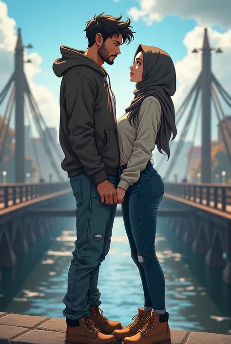 A handsome man wearing tshirt hoodie and old jeans. Timberland Boots. Tan skin. Burst Fade hair. a small beard. Big eyes and sexy lips. Standing at bridge with gorgeous girl with tight jeans . Full hijab. Slim body . Large breast and big butts. Smile. Both...