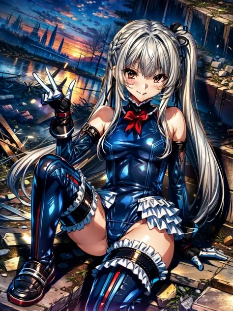   Perfect Anatomy ,  top quality, Marie Rose, Evil Smiles ,Provocative attitude
,(The girls are on a pile of rubble:1.1), Evil Smiles , anime style,(Frilled swimsuit,  knee-high, Sleeveless), ( anime style:1.4) ,
 Silver Hair,(White Fingers:1.1, Black Glov...