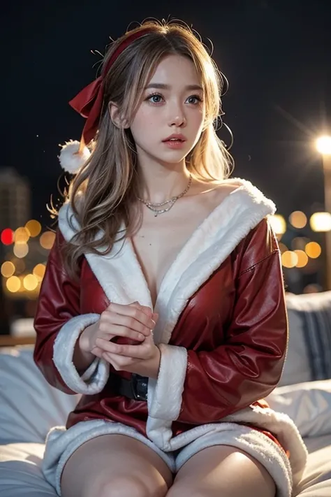 winter, a snowy night sky, a flying sleigh, a girl dressed as Santa Claus riding in a Christmas sleigh, two reindeer pulling the sleigh, lots of gift boxes, over the urban area, Tokyo, gorgeous cityscape, city shines with christmas decorations, fidgeting, ...