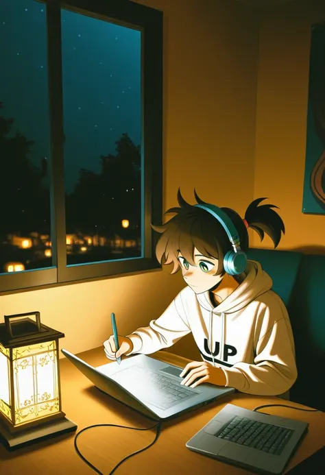 black short pony tails hair,white hoodie,black long jean,chilling with music,warm room scenery,,writing ,far fov,night time,boy gender,wearing headphone,laptop,lantern