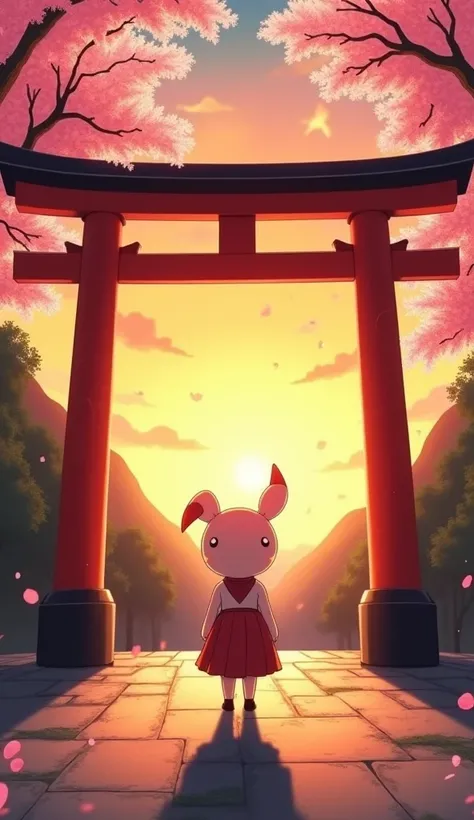 A whimsical Studio Ghibli-style character standing in front of the iconic red torii gates of Fushimi Inari Shrine, with a golden sunset casting long shadows and cherry blossoms gently falling around."**
