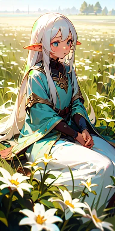 (masterpiece, best quality),1 elf girl with long white hair sitting in a field of flowers 