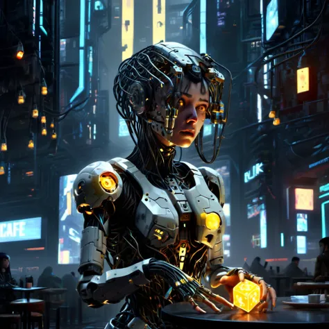 quality, masterpiece,  super high resolution, ((Realistic: 1.4), Original photo, 1 Cyberpunk Girl, Glowing Skin)), whole body,  Rubiks cube ,  Ghost in the Shell, Small Glowing LED Lamp , Deep Shadow ,Pointing, pose, hands,worried expression ,Cafe, Future ...