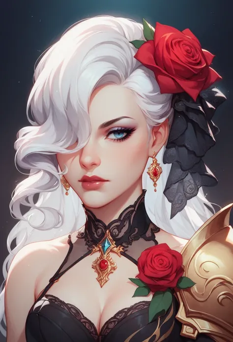 Create an enchanting fantasy character illustration featuring a slender, elegant figure with long, flowing white hair covering one of her eye adorned with a deep red rose. She wears a striking red and black gown with intricate golden armor detailing. Her p...