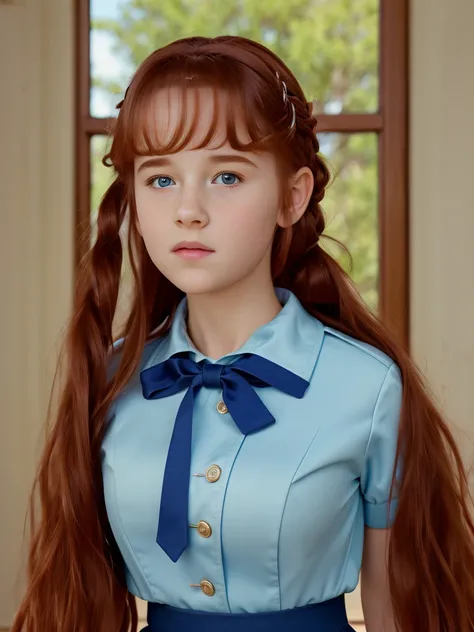 (best quality,4k,8k,highres,masterpiece:1.2),ultra-detailed,(realistic,photorealistic,photo-realistic:1.37), ((a girl wearing catholic school uniform, solo, shy)), ((very large bust size for her young age)), braided red hair, pale skin