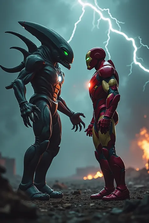 An intense standoff between a menacing alien and Iron Man, both in an angry, battle-ready pose, facing each other. The alien has sharp features, glowing green eyes, and a threatening posture with extended claws. Iron Man is in full armor, glowing chest rea...