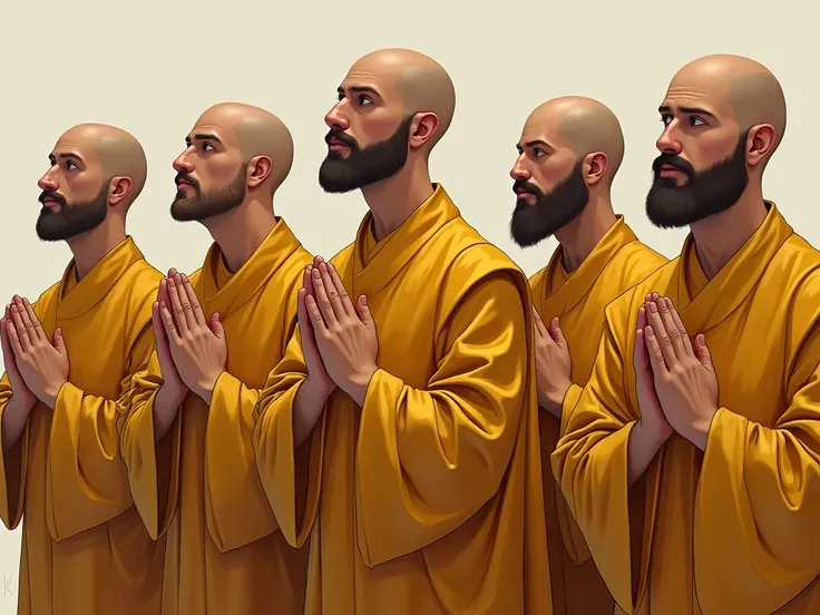 group of male teachers in gold, shaved hair kneeling hands 