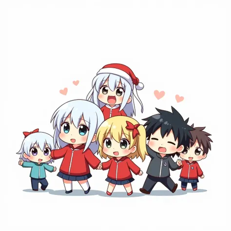 Cartoon of a couple of girls and boys with ponytails in black clothes standing in front of a white background. Cute cartoon characters. Anime girls in red clothes. Cute characters. Chibi girls. Minimal cartoon style. Cute anime portraits. Flat anime style....