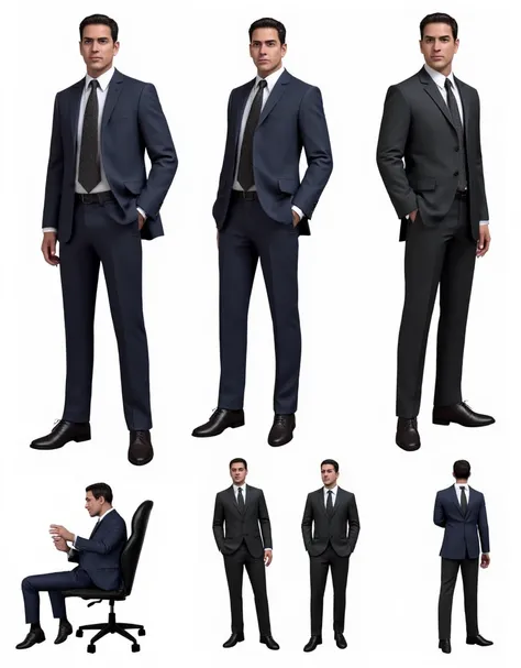 Create a character, man, at the age of 34 years, With a jacket and tie . A cada foto,  create the same character in different poses. standing, sitting, STANDING WALKING, and standing sideways . 