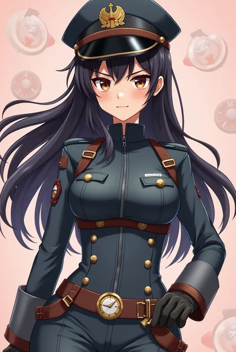  Create the image of an anime-style girl with light brown skin with a tight aviator uniform and a hat on a very light pink background but with aviation stuff where she has long black hair and dark brown eyes that are a bit stiff, Serious and a small evil s...