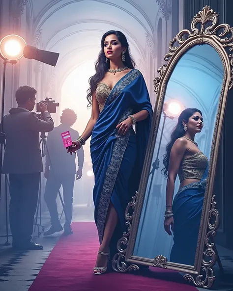 A glamorous 48-year-old indian woman with a confident and aspirational expression stands in front of an ornate, full-length mirror. She is dressed in a high-end, modern, and bold ensemble—perhaps a tailored, elegant dress with statement accessories—her mak...