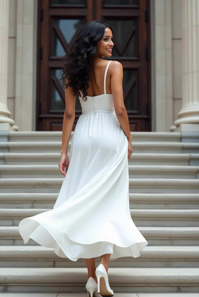 realistic casual photo of a (pretty girl, 21 years girl, brunette, black eyes) wearing a classy white dress at an imponent building straits , (full lips) , ((perfect face)), [[mild smile]], proportionate body,mixed white-latina herritage, nubyan nose, beau...