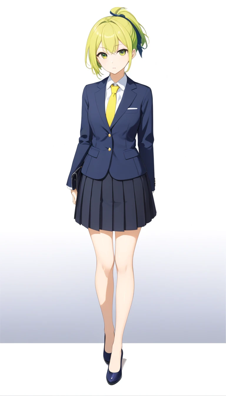 Misuke Iijima、。OL,woman、 green hair、 shorthair、 ponytail、yellow hair ribbon、 sad face、 full body style that reflects your whole body、 normal breasts、 narrow waist 、Bare legs、Standing beautifully、 in a suit、 navy blue jacket ,襟付き shirt, shirt, yellow tie ,b...