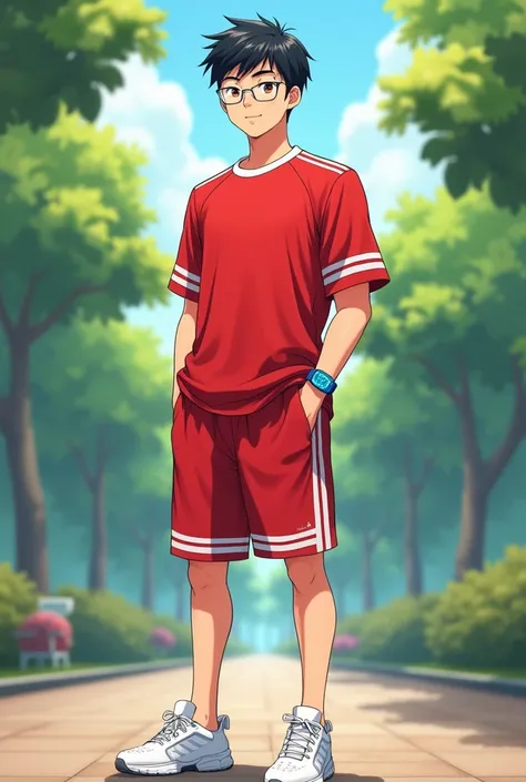  Anime Pictures,   Full Body Image  ,   in the park, alone ,The   handsome,  Smooth body ,, muscular man,  17-year-old Chinese boy , Short hair , A man wearing glasses with small lenses, white frames , , Men wearing a red basketball sports shirt with white...