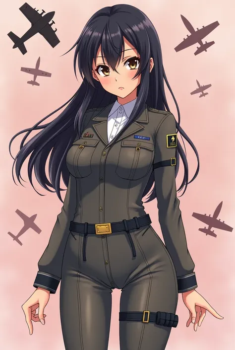 Create the image of an anime-style girl with light brown skin in a light tone with a tight aviator uniform and the hat on a very light pink background but with military aviation stuff where she has long black hair and slightly stiff dark brown eyes., Serio...