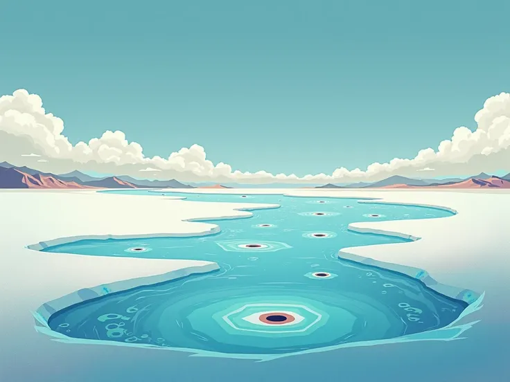 I need the Salar de Uyuni, showing several eyes of water as if they were hell,  with a minimalist and stylized artistic style ,  type magical and fantasy illustration .  It should not have text and the colors to be used that are more cold pastels