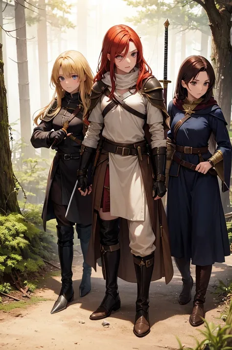 3girls:(A redhead swordswoman, a brunette rogue, a blonde cleric), exploring an ancient cursed forest, dark, creepy forest