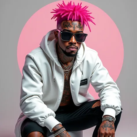 a 22-year-old black man tattooed with sunglasses with pink hair and a white coat with a hoodie and ripped black pants 