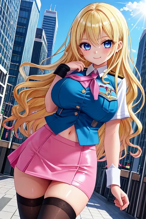 1girl, best quality, looking at viewer, kawaii, shiny skin, shiny clothes, pink police uniform, stomach cutout, veritical navel, bare stomac, navel focus, miniskirt, pencil skirt, thighhighs, huge breasts, long hair, wavy hair, blonde hair, blue eyes, smil...