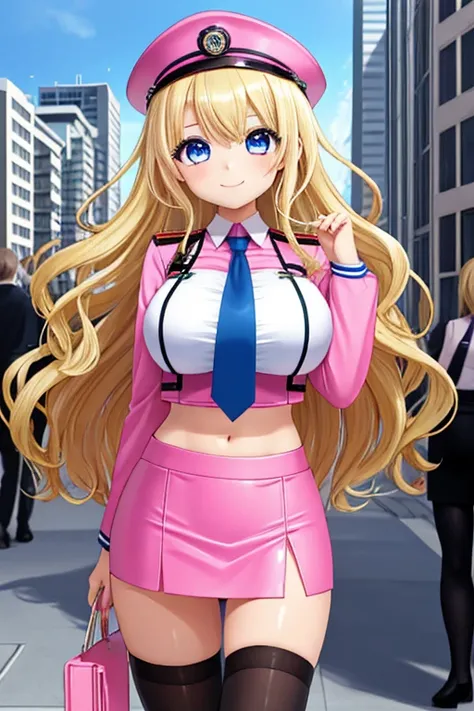 1girl, best quality, looking at viewer, kawaii, shiny skin, shiny clothes, pink police uniform, stomach cutout, veritical navel, bare stomac, navel focus, miniskirt, pencil skirt, thighhighs, huge breasts, long hair, wavy hair, blonde hair, blue eyes, smil...