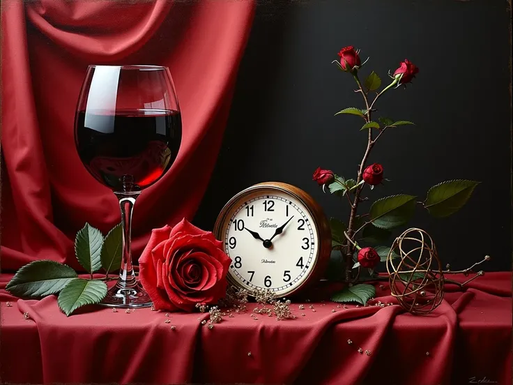  A contemporary still life with symbolic elements :  a broken wine glass ,  a blossoming rose and a clock melting on a draped fabric. Intense shades of red , black and gold,  with detailed oil textures .