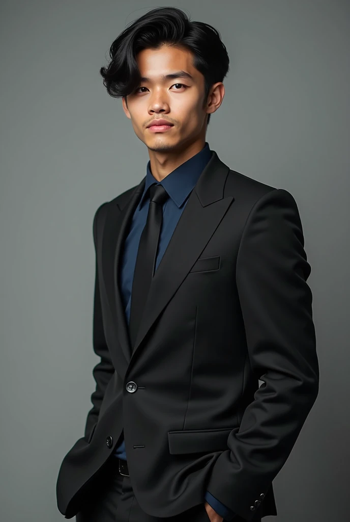 Handsome 21-year-old boy with semi-wavy black hair , with hairstyle down the side ,  full body,  with a black suit dark blue shirt and black tie 