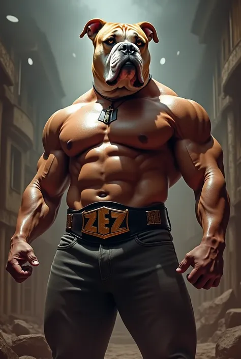 Grand Bulldog + The Rock, a muscular wrestler, shirtless with a dogs head, with the letters or logo ZEZ on his belt buckle.