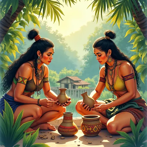 create a watercolor illustration of indigenous women from pre-Columbian times in the Amazon making ceramics for everyday use