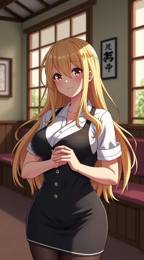 Physically fit woman with long blond hair and big breasts wearing a Japanese coffee shop uniform anime version