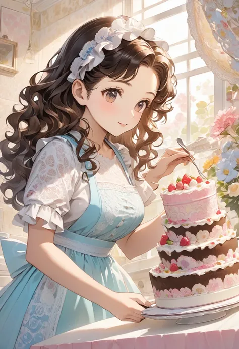 Curly haired woman and cat making a cake、Lace pattern background