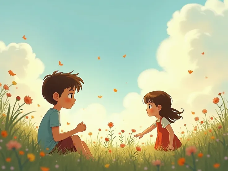 A boy sitting on under sky and seeing a girl and smile the girl was gathering flowers 