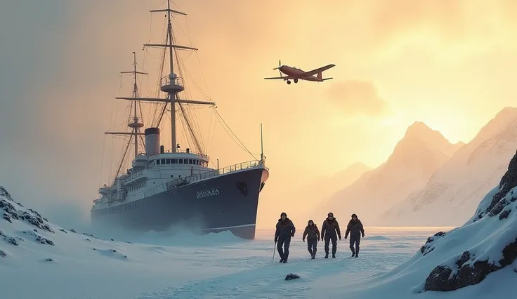 Potrait of a ship with crew walking in him on a snowy island. A black small propeller plane flying past it. Warm weather. 