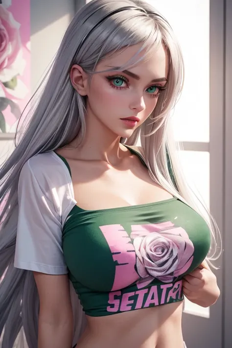 girl, silver hair,  long hair, with intense green eyes, Rose-painted lips,  ultra detailed face ,  ultra real eyes 3D , neckline, erect breasts,  cold breasts ,  very large breasts with attached t-shirt,  transparent V-shaped t-shirt  ,  semi-transparent p...