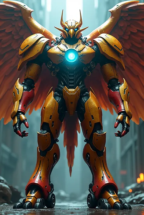 mecha garuda indonesia, mechanical bird robot, giant robot, futuristic cyberpunk, intricate mechanical design, highly detailed machinery, intricate gold and red color scheme, glowing blue energy core, massive scale, powerful presence, dynamic pose, epic ci...