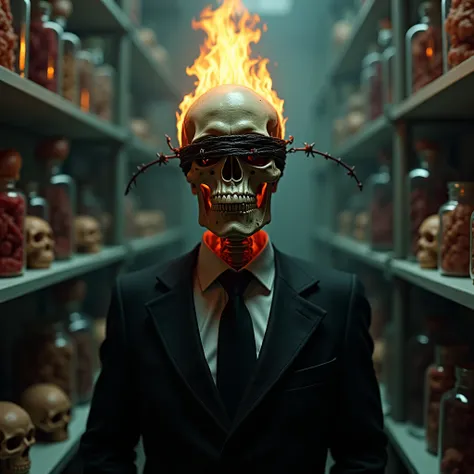 skull blindfolded with barbed wire. flames in the brain, wearing a suit and tie in the middle of a laboratory surrounded by brains and skulls and hearts in jars on shelves
