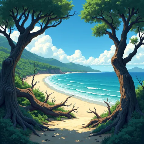 Beach, high altitude, fallen thick tree trunks, branches.Japanese animation style