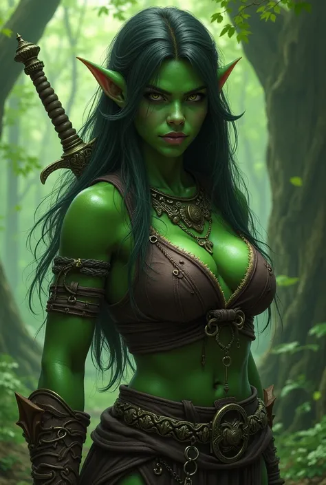 a close up of a woman with a sword in a forest, female orc, green orc female, female orc forest druid, orc themed, female troll shaman, half orc half elf woman, orc, an orc, orc warrior, warcraft character, from warcraft, portrait of an orc, half - orc, fr...