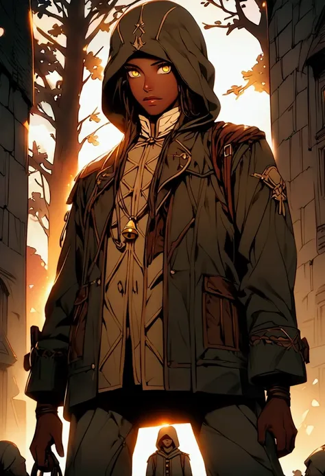 Character from the video game saga Assassins Creed of a slender man with dark brown skin, thin yellow eyes, dressed in a jacket in the style of a soldier of the French Revolution with a hood covering his head standing on the leash of an old bell tower watc...