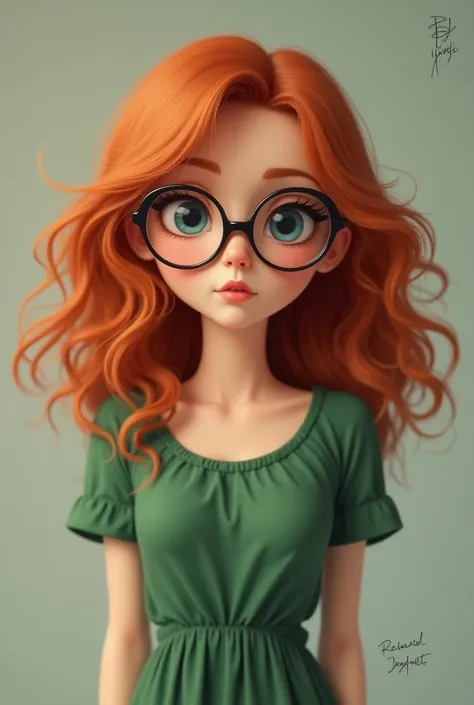 Make a red-haired  with big hair with glasses shes shy in a green dress 