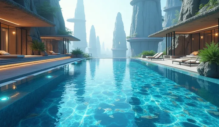 Pool with crystal clear water and holograms of fish swimming ,  located on top of a futuristic mansion in a floating city.