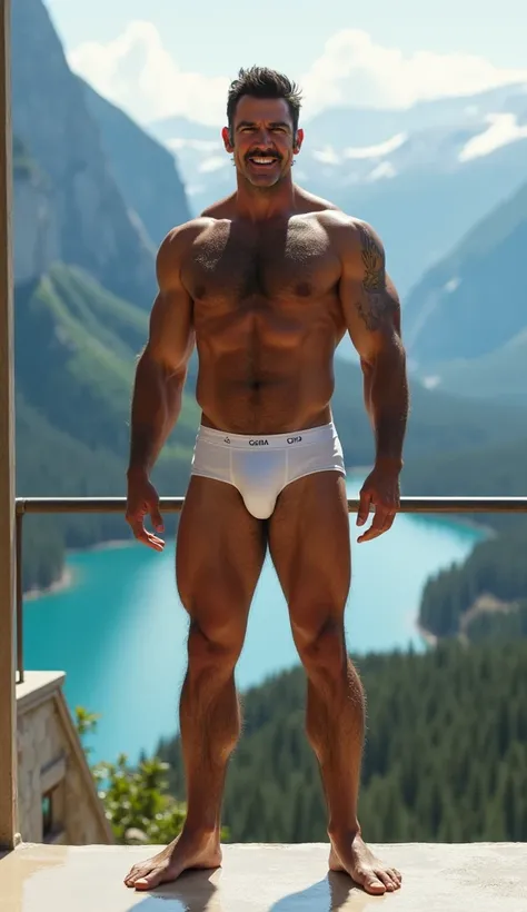 An extremely handsome middle aged man adorned with well combed thin hair, a short dark mustache and short beard, standing shirtless in white briefs confidently on shiny floor a balcony overlooking a breathtaking landscape of towering mountains and serene l...