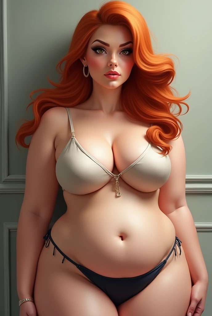 A caricature of a beautiful woman with very dark red fire-amber and long wavy hair, white skin, full, overweight, large breasts, hazel-colored eyes, a slightly plump and elegant facial line, a realistic and portrait, her face may be a little plump.