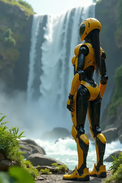 The image depicts a futuristic humanoid robot standing in front of a majestic waterfall in a rocky, natural environment. The robot has a sleek, armored design with a combination of yellow and black colors and intricate mechanical details. Its head is cover...