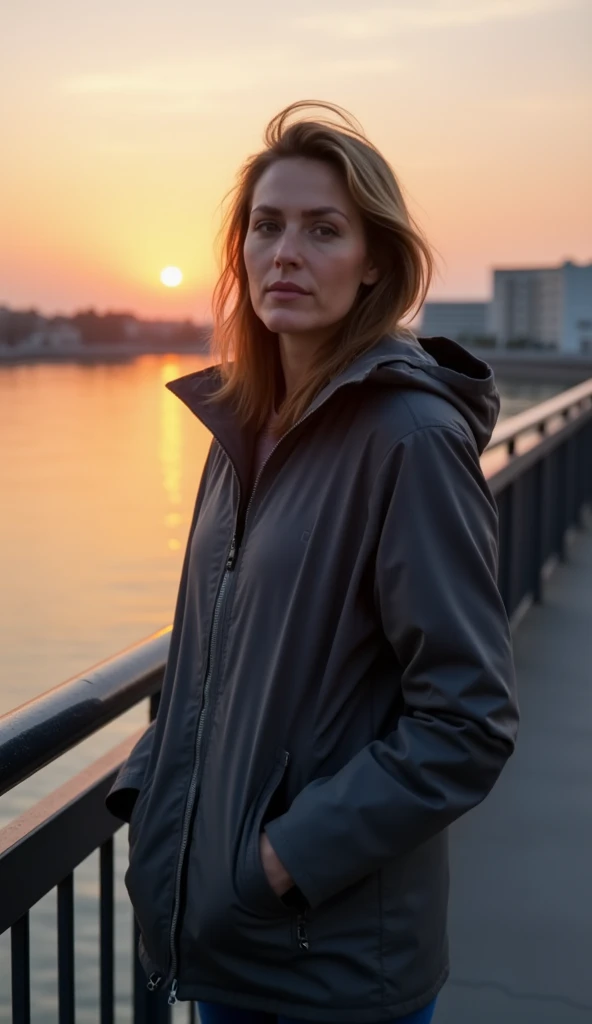 A 36-year-old woman standing on a bridge at sunset, dressed in a windbreaker.