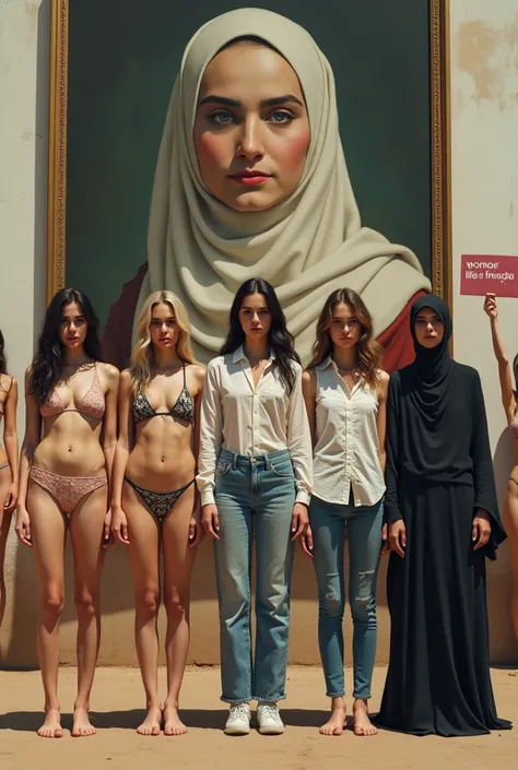 Five girls standing side by side . 
They have a sign with this text at their hand up : "woman Life Freedom" . The first girl ( from left to right ) is full naked without bikini and bra even .
The second girl ( from left to right ) is naked but have bikini ...