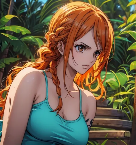 nsfw,(masterpiece, top quality, 4K, 8k,   high definition  , 最高masterpiece:1.2),  super detailed, ( realistic , photo realistic , photo- realistic :1.37),   Maintaining Anime Style  ,  Nami in One Piece, pale orange hair hidden in thick grass ,Beautiful ha...