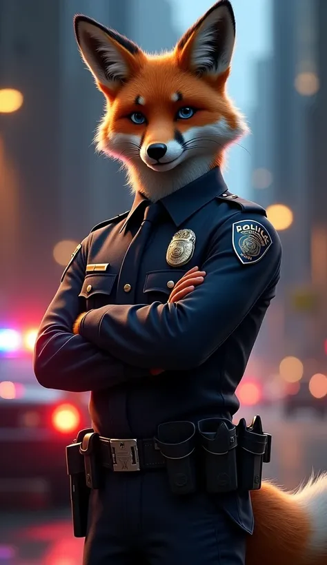 An anthropomorphic fox dressed as a confident police officer, standing heroically in front of a police car with flashing lights in a nighttime urban setting. The fox exudes professionalism and strength, with detailed textures in the uniform and fur. The ba...