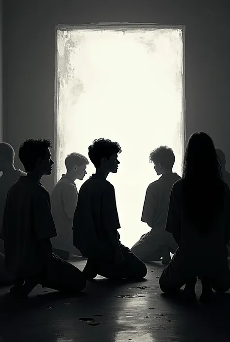 The custody  (a color)  with silhouettes of kneeling young people ( black and white )